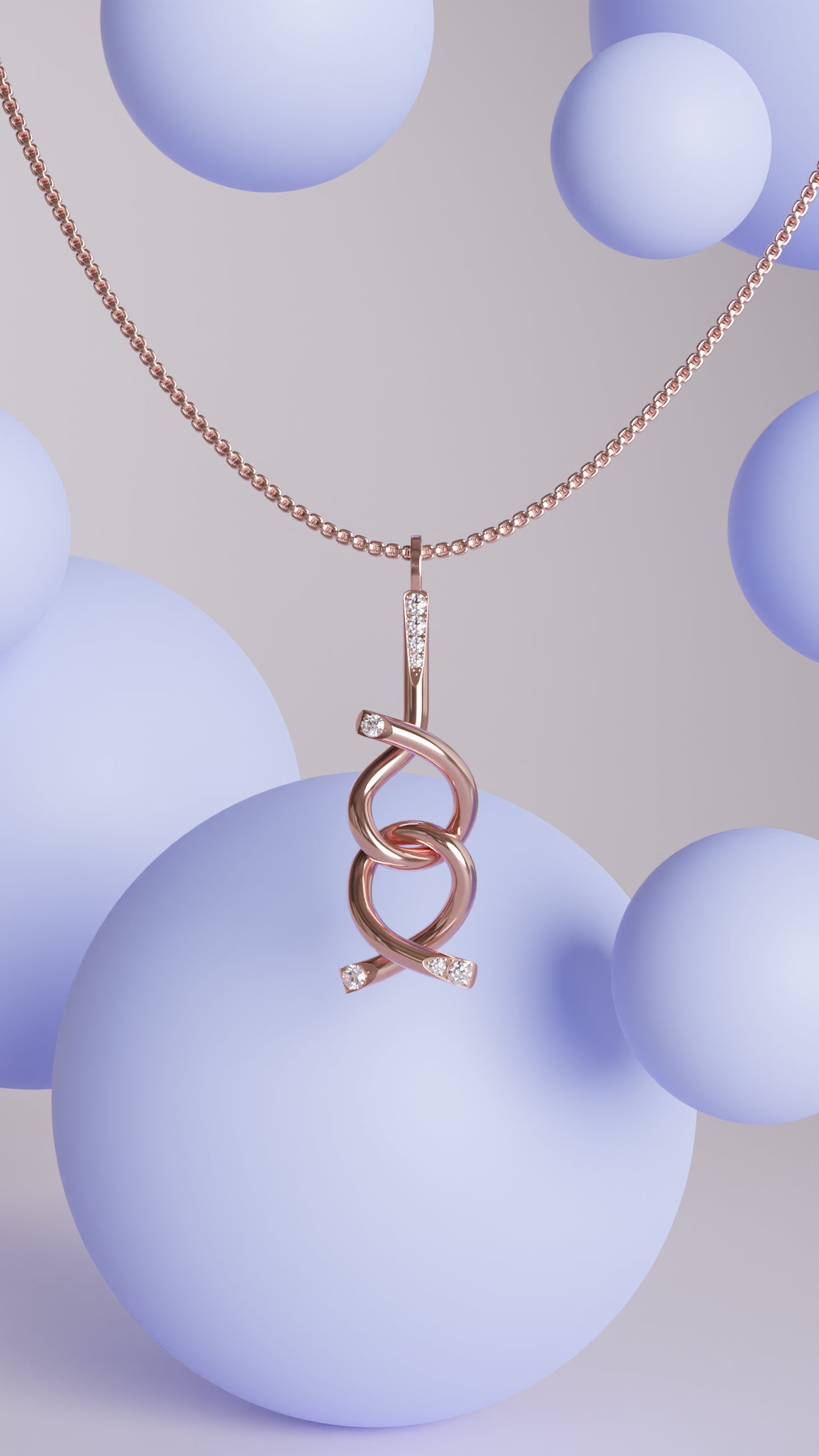Adair brain teaser necklace in rose gold with purple bubbly background